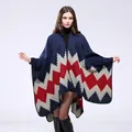 Aztec navy blue knitted shawl poncho featuring red and grey geometric pattern trim - Large Rhombus Red
