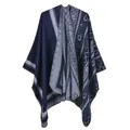 Women's cashmere-like knit poncho with ethnic geometric patterns in navy blue and grey - Navy Blue (2020-018)
