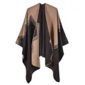 Knit shawl wrap with split sides in dark coffee and khaki leaf patterns - Coffee (2020009)