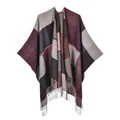 Châle poncho en jacquard pour femme avec motifs géométriques et finitions frangées - Plaid à Glands Rouge Vin