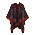 Detail view of ethnic geometric pattern and fine stitching on the vintage poncho - 130*150cm / Totem Rhombus Wine Red