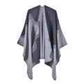 Grey split cashmere shawl poncho featuring a leaf pattern and striped borders - Gray (2020009)