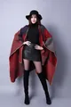 Women's oversized geometric cashmere-feel shawl cape in red, black, and grey patchwork design - Large Grid Red