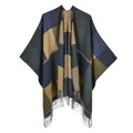 Detailed close-up of navy and green plaid shawl with thick fringe and jacquard texture - Tassel Plaid Yellow