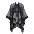 Detail of grey and black ethnic geometric knit patterns on a soft cashmere shawl - 130*150cm / Totem Rhombus Black