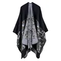 Thick black and grey cashmere-like poncho shawl with star jacquard tribal patterns - Space Dye Camo Black