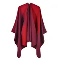 Women's knit poncho cape in red and burgundy stripes with bohemian pattern - Red (2020009)