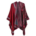 Faux cashmere knit poncho in red grey and black colorblock with geometric patterns - Red (2020-018)