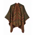 Close-up of geometric tribal patterns and knit texture on the split shawl cape - Green Orange (Geometric Triangle)