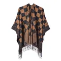 Detail of classic checkerboard knit shawl with fringe hem and soft winter fabric - Coffee Plaid