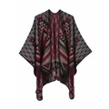 Detailed view of thick knitted shawl featuring red and grey geometric triangle patterns - Black Red (Geometric Triangle)