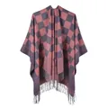 Detailed view of pink and grey checkered shawl with fine fringe edges for winter - Pink Plaid