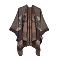Detail of bohemian knit shawl featuring ethnic geometric patterns and rich fringe - 130*150cm / Totem Rhombus Coffee