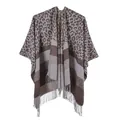 Detail showing high-quality leopard print knit shawl with fringe and soft texture - 130x150cm / Leopard Striped Coffee Tassel