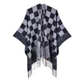 Classic black and gray plaid knit shawl cape with fringe hem and open front style - Black and White Plaid