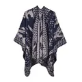 Detail of knitted cape showing blue and white marble texture and wavy herringbone edges - One Size / Dark Blue And Gray