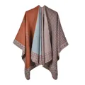 Knit striped diamond poncho shawl in rust orange and blue for women's autumn winter - Robe / 135*155CM / Orange