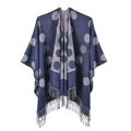 Detail of navy blue knitted shawl with large purple polka dots and fringe hem - 130*150cm / Navy Blue