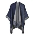 Detailed view of the thick knit texture and geometric diamond hem on this winter shawl - Robe / 135*155CM / Navy Blue