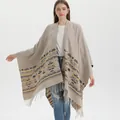 Women's bohemian knit poncho shawl with geometric patterns and tassel hem fringe - Beige Blue Double-Sided Tassel