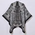 Ethnic knit poncho featuring black and white elephant patterns and open front design - 130x150 / Black