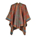 Detail of vintage red knit poncho shawl with bohemian patterns and finished edges - Grid Camouflage Orange