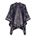 Detailed view of navy blue leopard knit shawl with fine gray stripes and hem stitching - Grid Camouflage Navy Blue