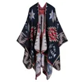 Ethnic knit shawl cloak for women in blue and red featuring geometric star patterns - Star Small Floral