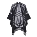 Close-up of black and grey plaid poncho with fine overlock stitching and knit texture - Line Sudoku Colorful Grid Black
