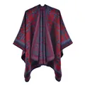 Close-up of red and blue leopard knit shawl showing the soft textured cashmere-like fabric - Grid Camouflage Red Blue