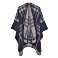 Close-up showing the deep blue and grey checkered weave with herringbone texture on the shawl - Line Sudoku Colorful Grid Navy Blue