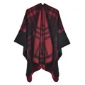Close-up of red and black tartan plaid thick cashmere-like poncho shawl for women - Line Sudoku Colorful Grid Black Red