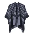 Women's jacquard shawl featuring grey and black houndstooth pattern with striped hem - One Size / Houndstooth Black Grey