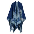 Women's dark blue faux cashmere shawl with floral patterns and geometric trim - Navy Blue Floral