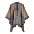 Detail of vintage floral jacquard pattern on a thick knit warm pashmina shawl - Camel Floral