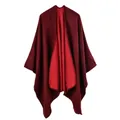 Women's burgundy knit shawl cape with contrast red lining and fine hem detailing - Double Sided Plain Wine Red