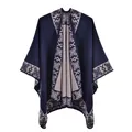 Close-up of ethnic geometric patterns and navy knit texture on the warm shawl - Navy Blue