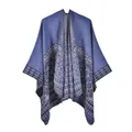Detailed view of bohemian blue shawl with intricate grey mandala patterns and knit texture - Dark Blue Floral