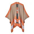 Detailed knit texture and stitched edges of the striped color block poncho shawl - 130x150cm / Orange and Khaki