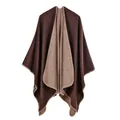 Women's knit poncho cape in dark coffee and khaki reversible faux cashmere design - Double Sided Plain Coffee