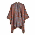 Detail of blue and orange jacquard knit shawl showing intricate vintage patterns and stitching - Flame Auspicious Cloud Orange