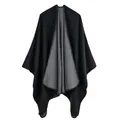 Women's jacquard shawl with double-sided black and grey knit design and stitched edges - Double Sided Plain Black