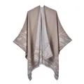 Close-up of elegant tulip print and fringe details on a double-sided beige shawl - 130x150cm / Khaki
