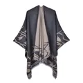 Detail of double-sided knit shawl showing khaki leaf patterns and fine tassel hemline - 130x150cm / Coffee