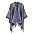 Close-up of blue and grey plaid knit shawl featuring delicate tassel trim details - Dark Blue Plaid
