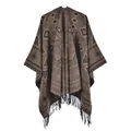 Poncho marron à motifs tribaux géométriques, franges bohèmes et maille chaude - Rhombus Triangle Khaki