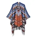 Châle bohème en maille avec motifs aztèques bleu marine et finitions à franges noires - Variety Rhombus Blue Orange