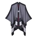 Women's dark grey knit poncho shawl with white, black, and red horizontal stripes - 130x150cm / Black and Wine Red