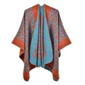 Knitted leopard print shawl cape in contrasting orange-red and sky blue tones - Orange Leopard
