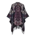Boho-Poncho mit geometrischen Mustern in Navy und Burgunderrot sowie Fransen-Saum - Marineblau Geometrische Quasten